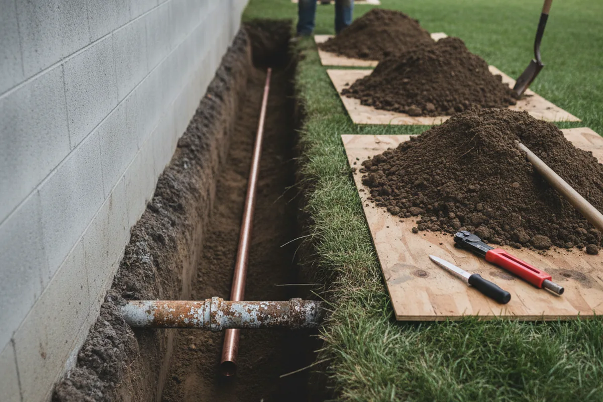 Excavated water line trench during Sewer Line Repair in Feasterville Trevose